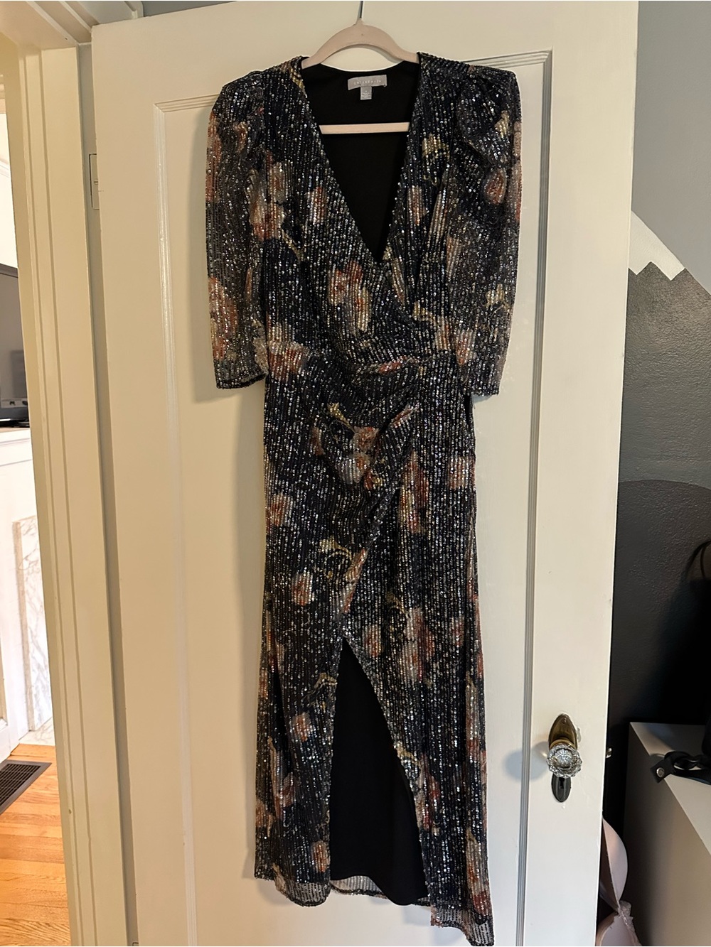 Chelsea28 Black Floral Sequin Wrap Midi Dress